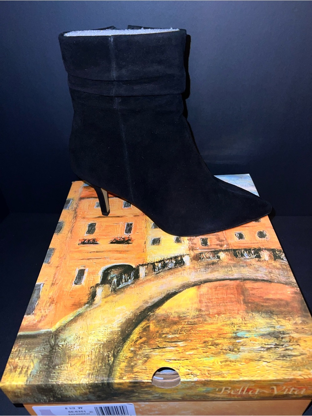 Bella Vita Black Suede Pointed-Toe Mid-Heel Bootie